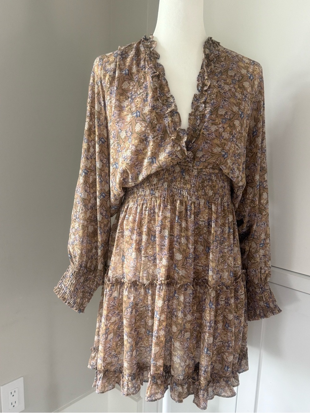 She + Sky Taupe Floral Ruffle Smocked Mini Dress